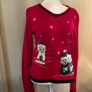 Charming Red V-Neck Sweater with Bear Design